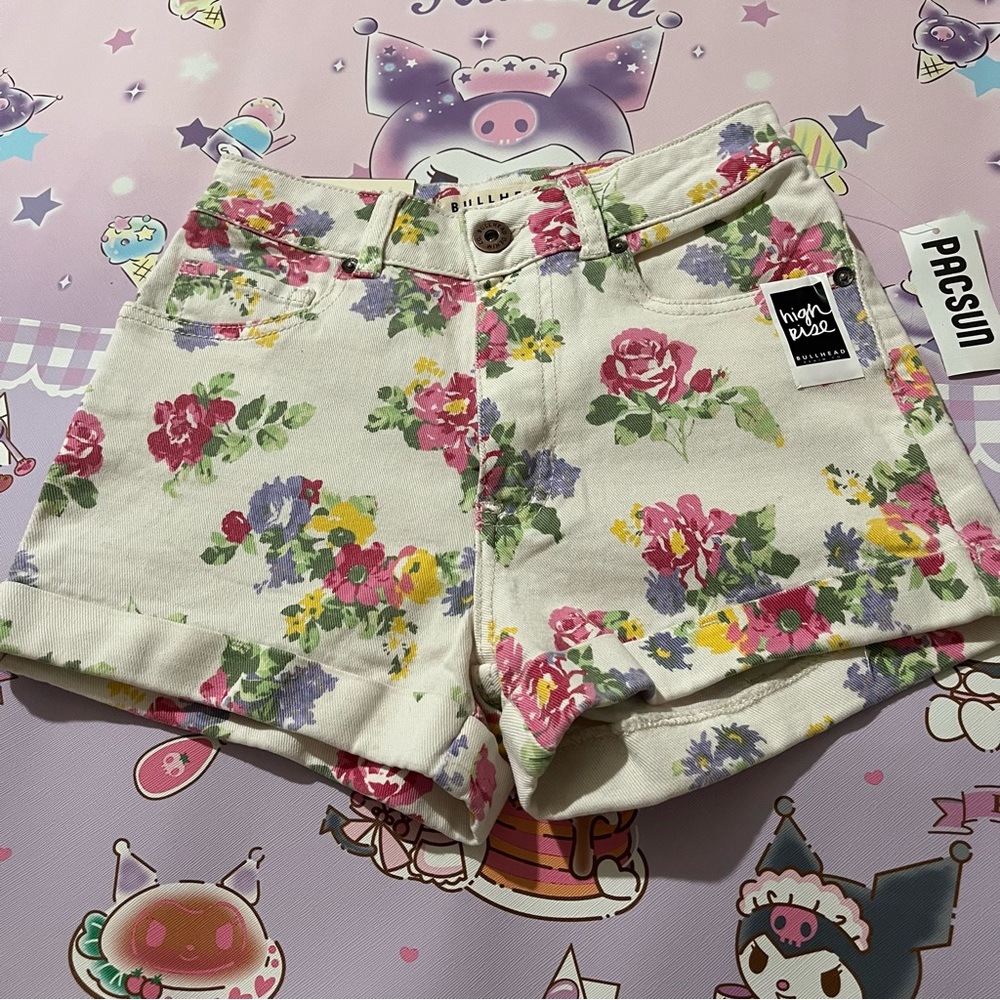 Pacsun Floral Print White Denim High Rise Shorts NWT
